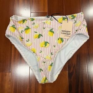 Unique Vintage Lemon Bikini Bottom Swim Yellow Pink White Stripe New NWT XL